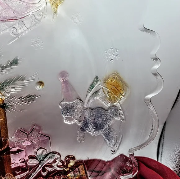 Share the Joy Christmas Glass Platter Santa Sleigh Teddy Bears 14" Caldor Vtg - Picture 3 of 10